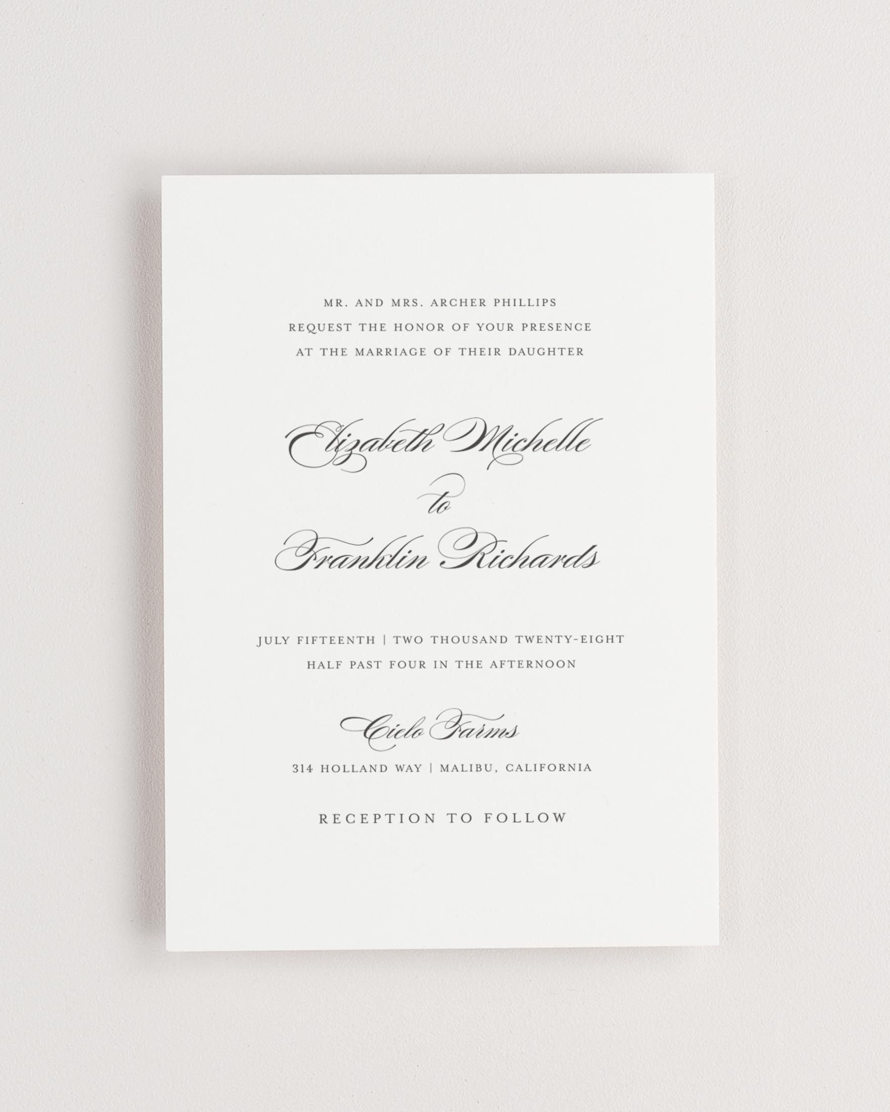Simple close-up of Elizabeth invitation.