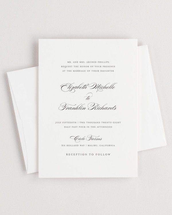 Simple close-up of Elizabeth invitation with an envelope.