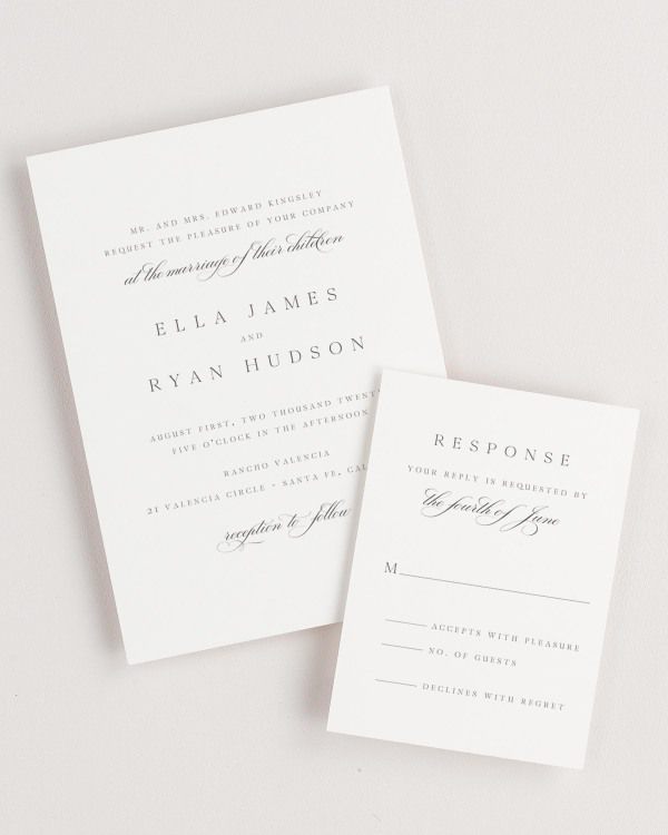 Simple close-up of Ella invitation and matching response card.