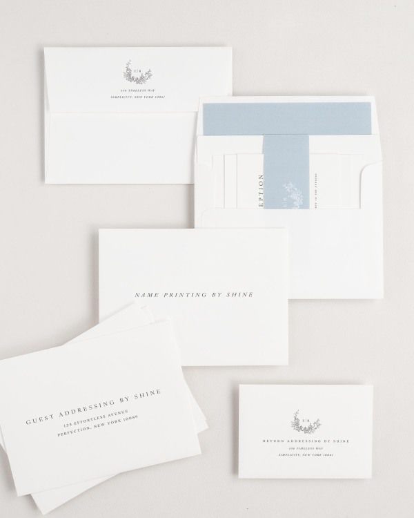 Emily wedding invitation envelopes with guest addressing, return addressing, and name printing services. Inner envelope features a liner and belly band.
