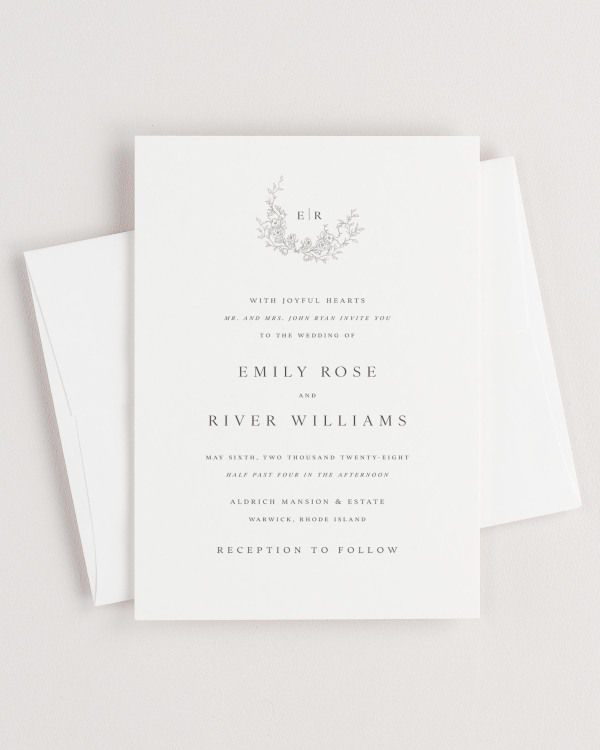 Simple close-up of Emily invitation with an envelope.