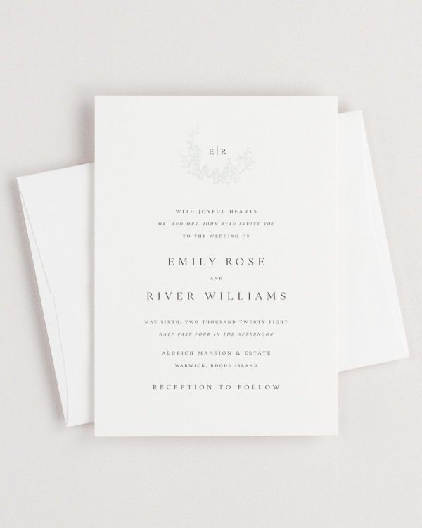 Simple close-up of Emily invitation with an envelope.