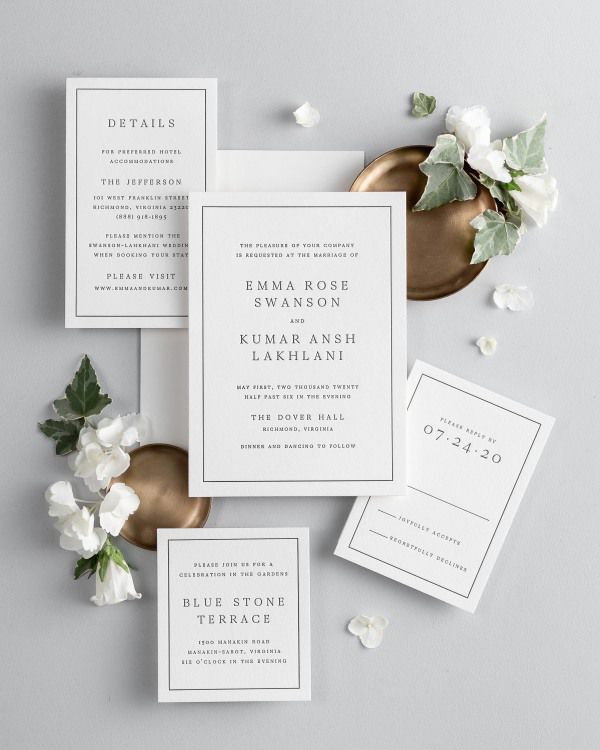 All pieces of the Emma letterpress wedding invitation suite, including the invitation, small and large enclosures, and response card.