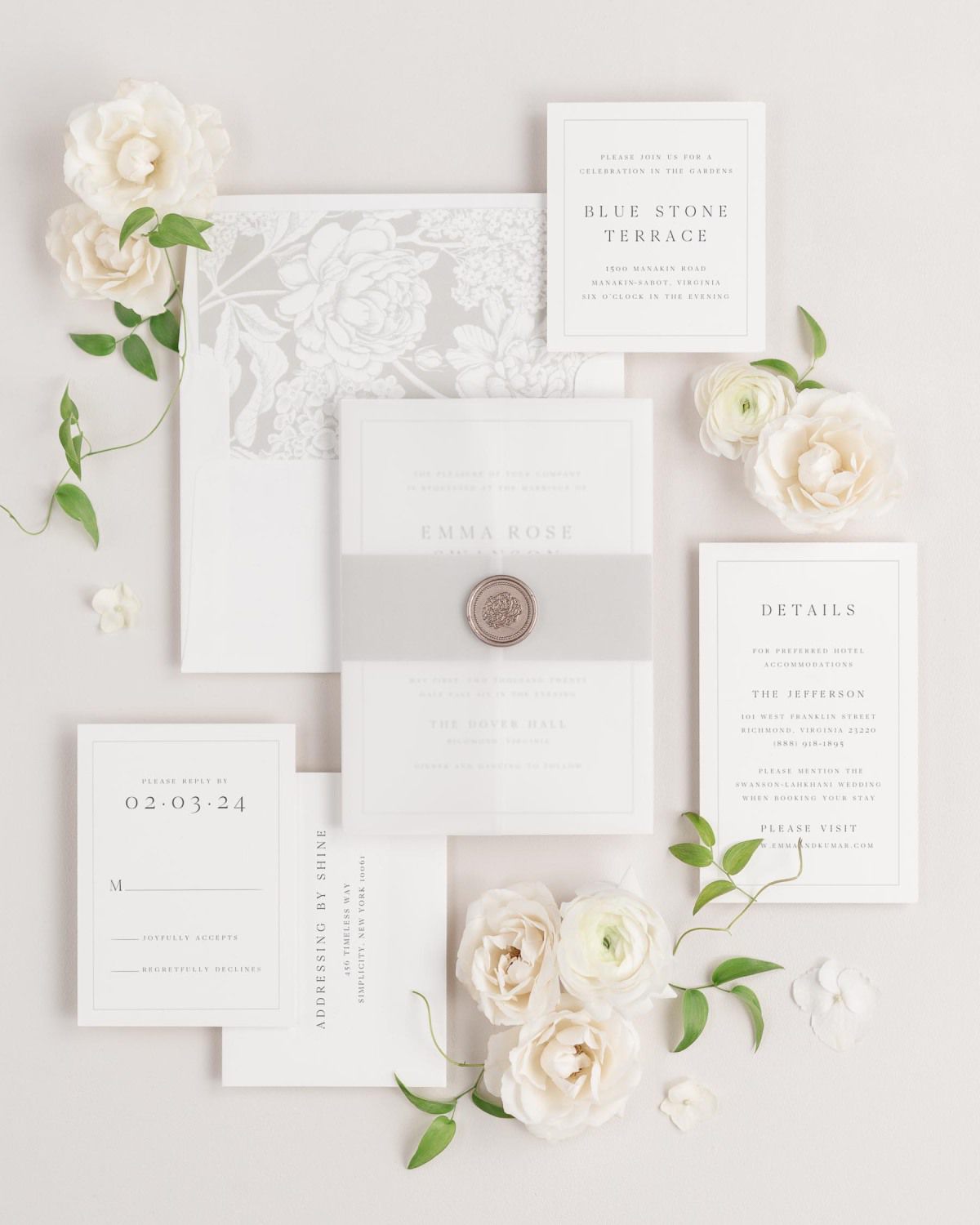 Emma wedding invitations flay lay