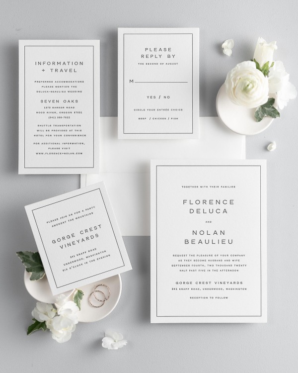 All pieces of the Florence letterpress wedding invitation suite, including the invitation, small and large enclosures, and response card.
