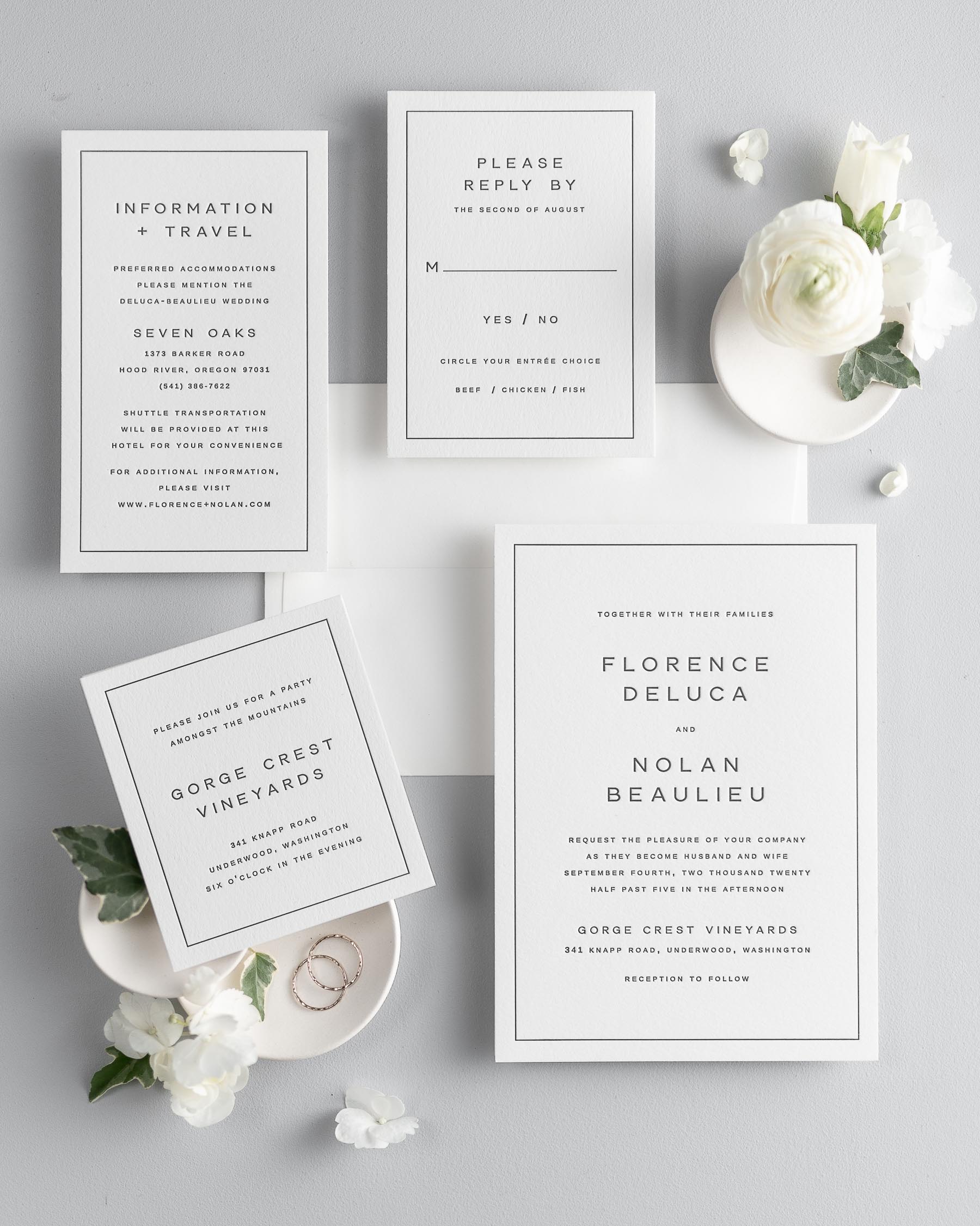 All pieces of the Florence letterpress wedding invitation suite, including the invitation, small and large enclosures, and response card.