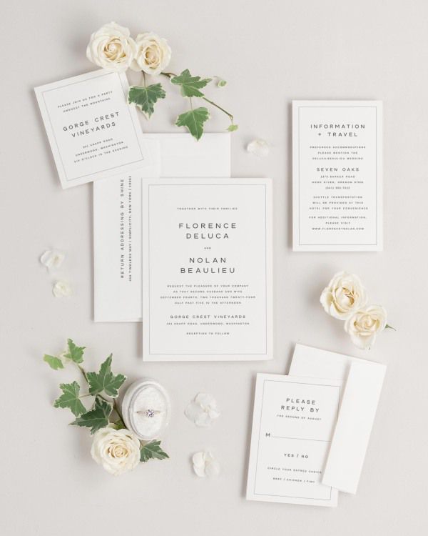 Florence wedding invitations flat lay with matching response card