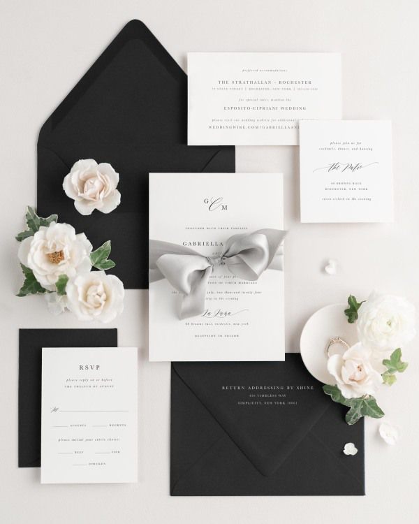 Wedding invitations with silk ribbon and onyx black envelope