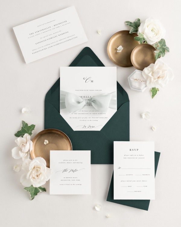 Wedding invitations with silk ribbon and green envelope