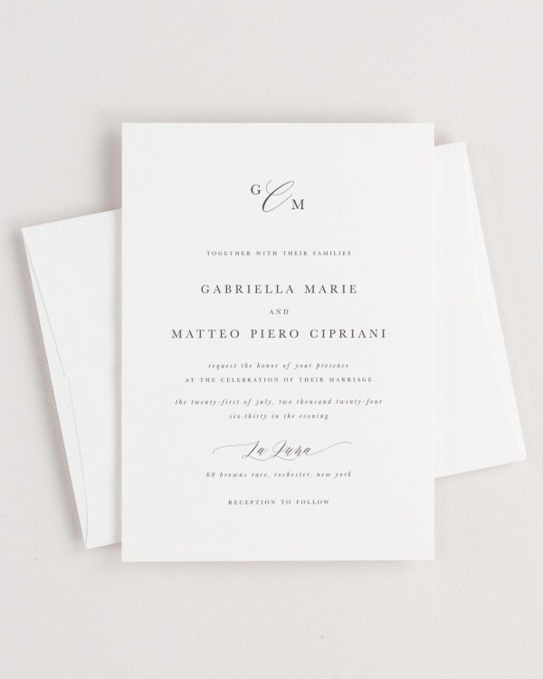 Simple close-up of Gabriella invitation with an envelope.