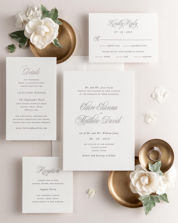 All pieces of the Garden Elegance letterpress wedding invitation suite, including the invitation, small and large enclosures, and response card.