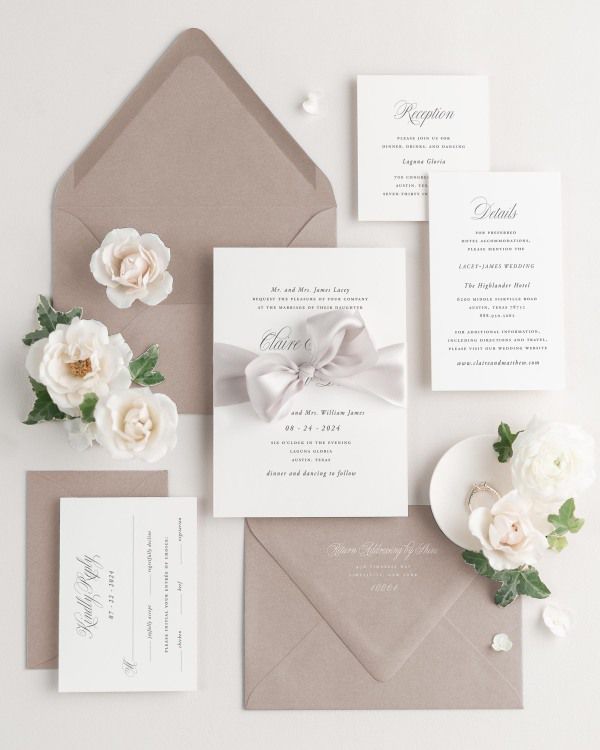 Wedding invitations with silk ribbon and fawn brown envelope