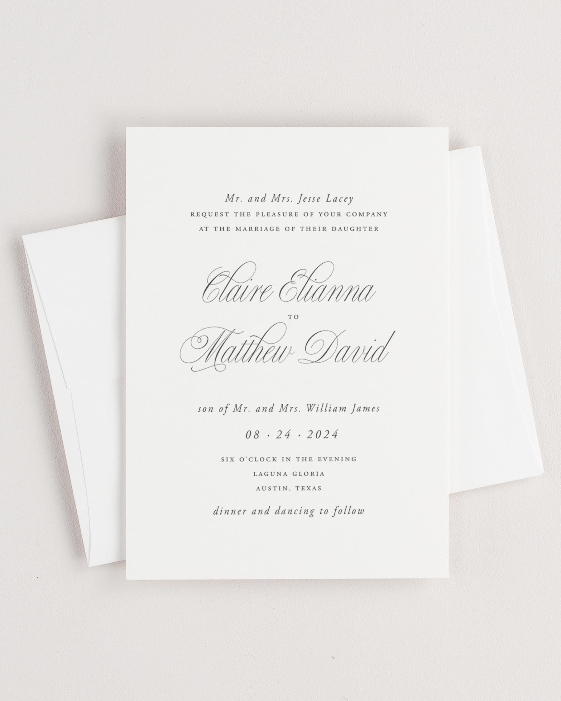 Simple close-up of Garden Elegance invitation with an envelope.