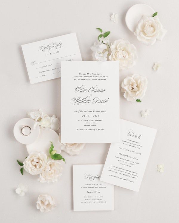 Garden Elegance wedding invitations flat lay with