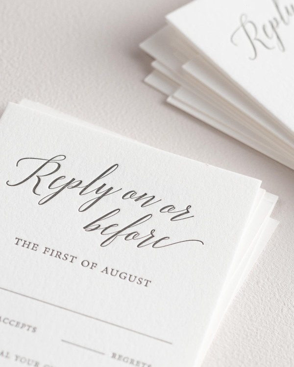 Dreamy close up shot of Garden Romance response cards. Deep impressions in the paper are a result of the letterpress printing process.