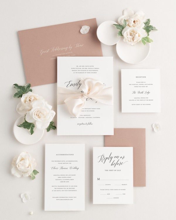 Wedding invitations with silk ribbon and cedarwood envelope