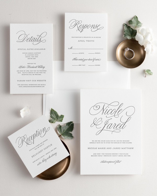 All pieces of the Garden Script letterpress wedding invitation suite, including the invitation, small and large enclosures, and response card.