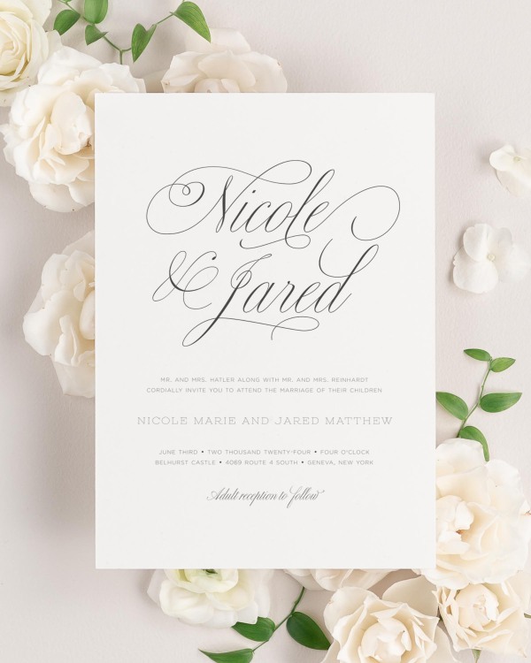Garden Script wedding invitation framed with dreamy florals.