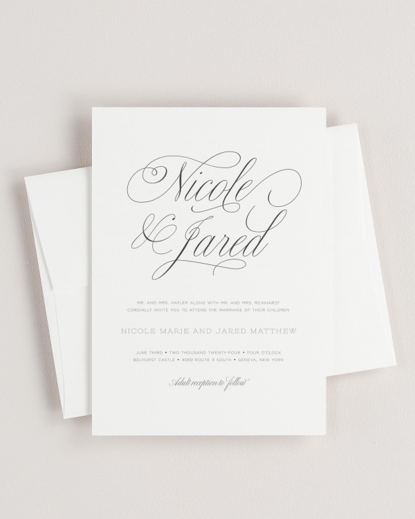 Simple close-up of Garden Script invitation with an envelope.