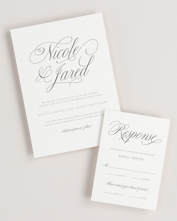 Simple close-up of Garden Script invitation and matching response card.