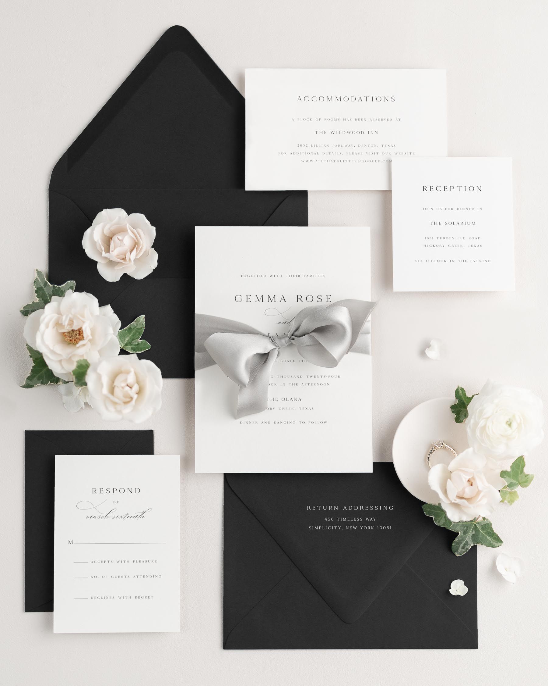 Wedding invitations with silk ribbon and onyx black envelope