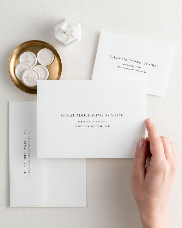 Glam Monogram letterpress wedding invitation envelopes. The response envelope showcases our return addressing service, while the outer envelopes shows both guest and return addressing options.