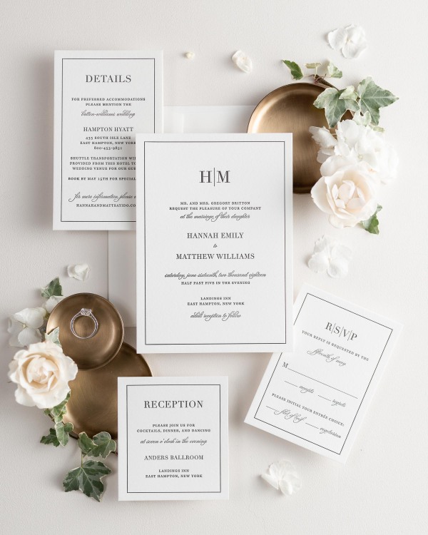 All pieces of the Glam Monogram letterpress wedding invitation suite, including the invitation, small and large enclosures, and response card.