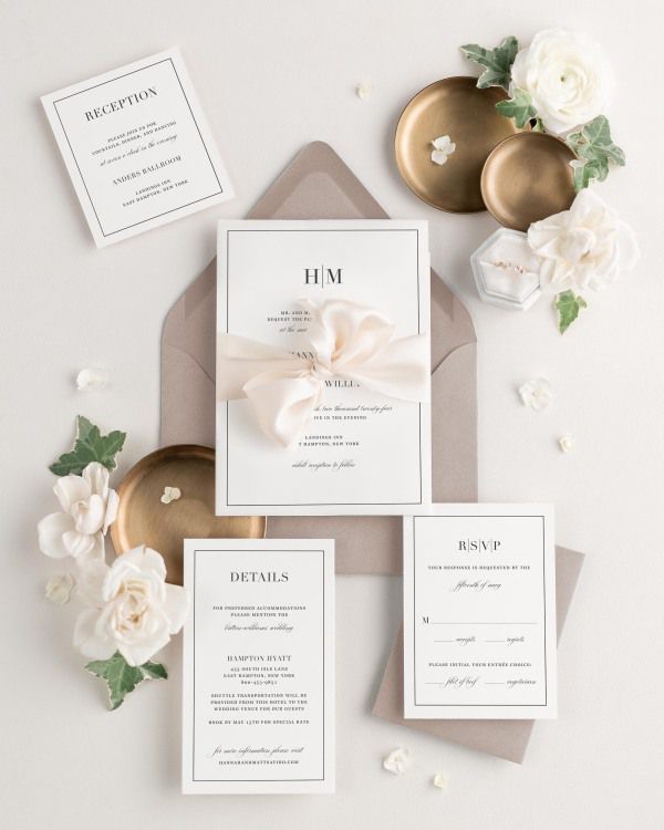 Wedding invitations with silk ribbon and fawn brown envelope