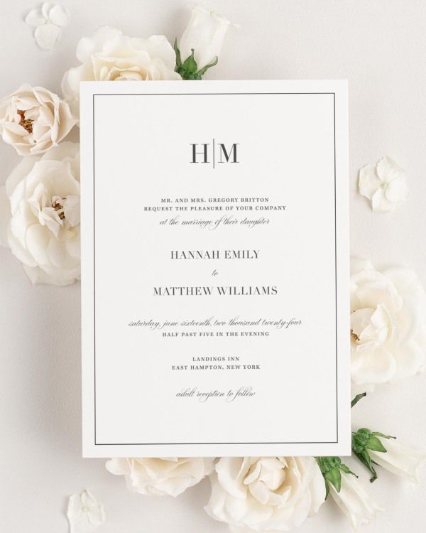 Glam Monogram wedding invitation framed with dreamy florals.