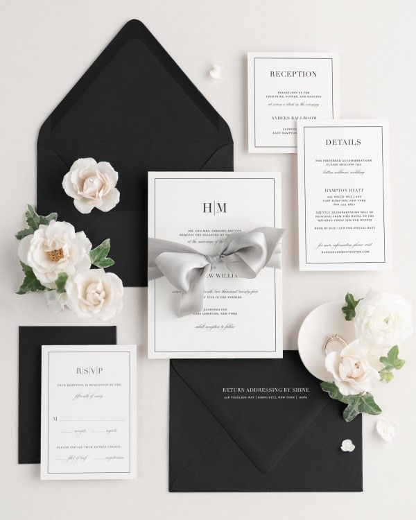 Wedding invitations with silk ribbon and onyx black envelope