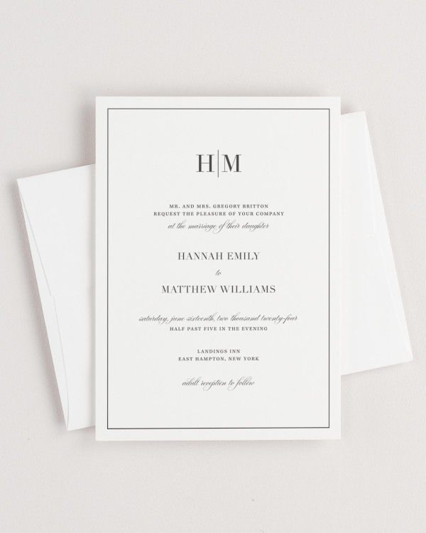 Simple close-up of Glam Monogram invitation with an envelope.