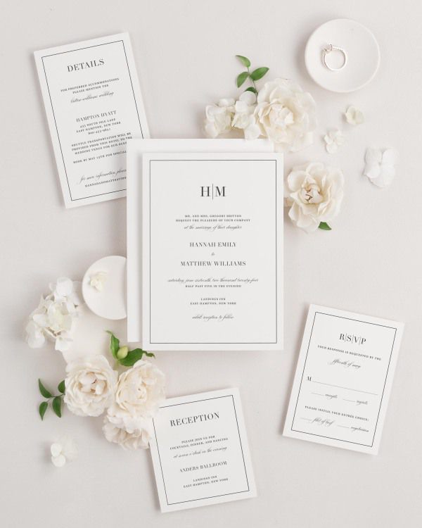 Glam Monogram wedding invitations flat lay with