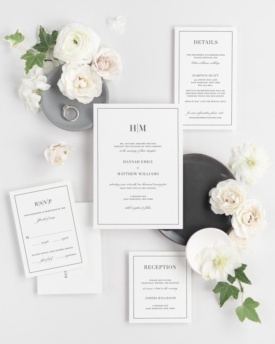 Glam Monogram Wedding Invitations with dark gray accents and white florals
