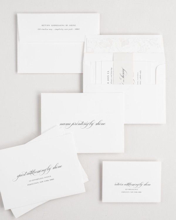 Haley wedding invitation envelopes with guest addressing, return addressing, and name printing services. Inner envelope features a garden rose liner and nude belly band.