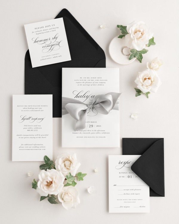 Wedding invitations with silk ribbon and onyx black envelope