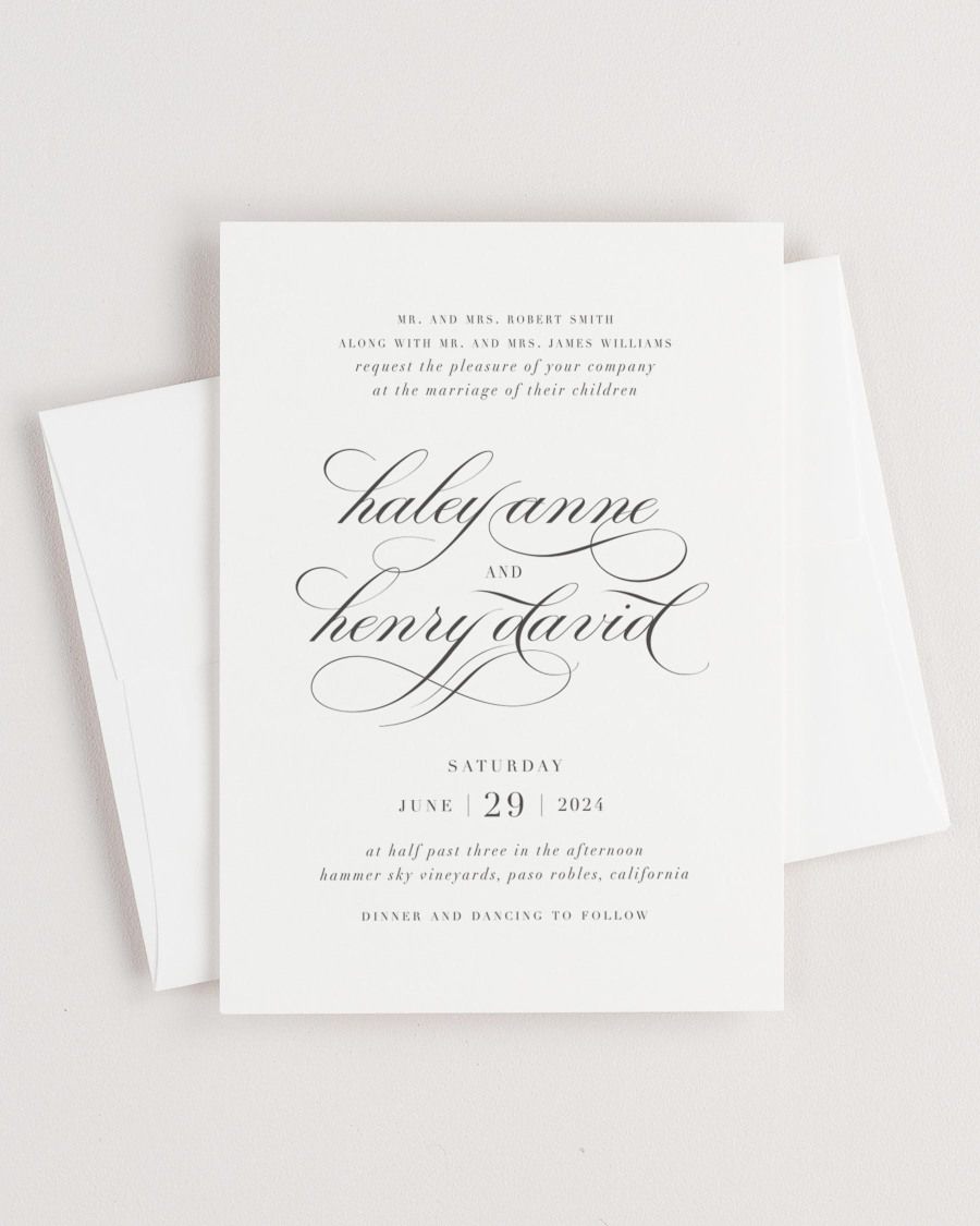 Simple close-up of Haley invitation with an envelope.