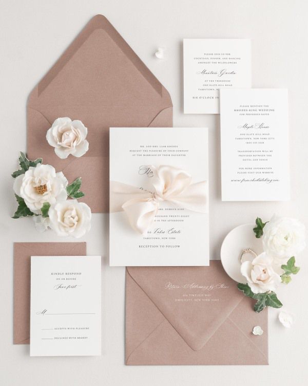 Wedding invitations with silk ribbon and cedarwood envelope