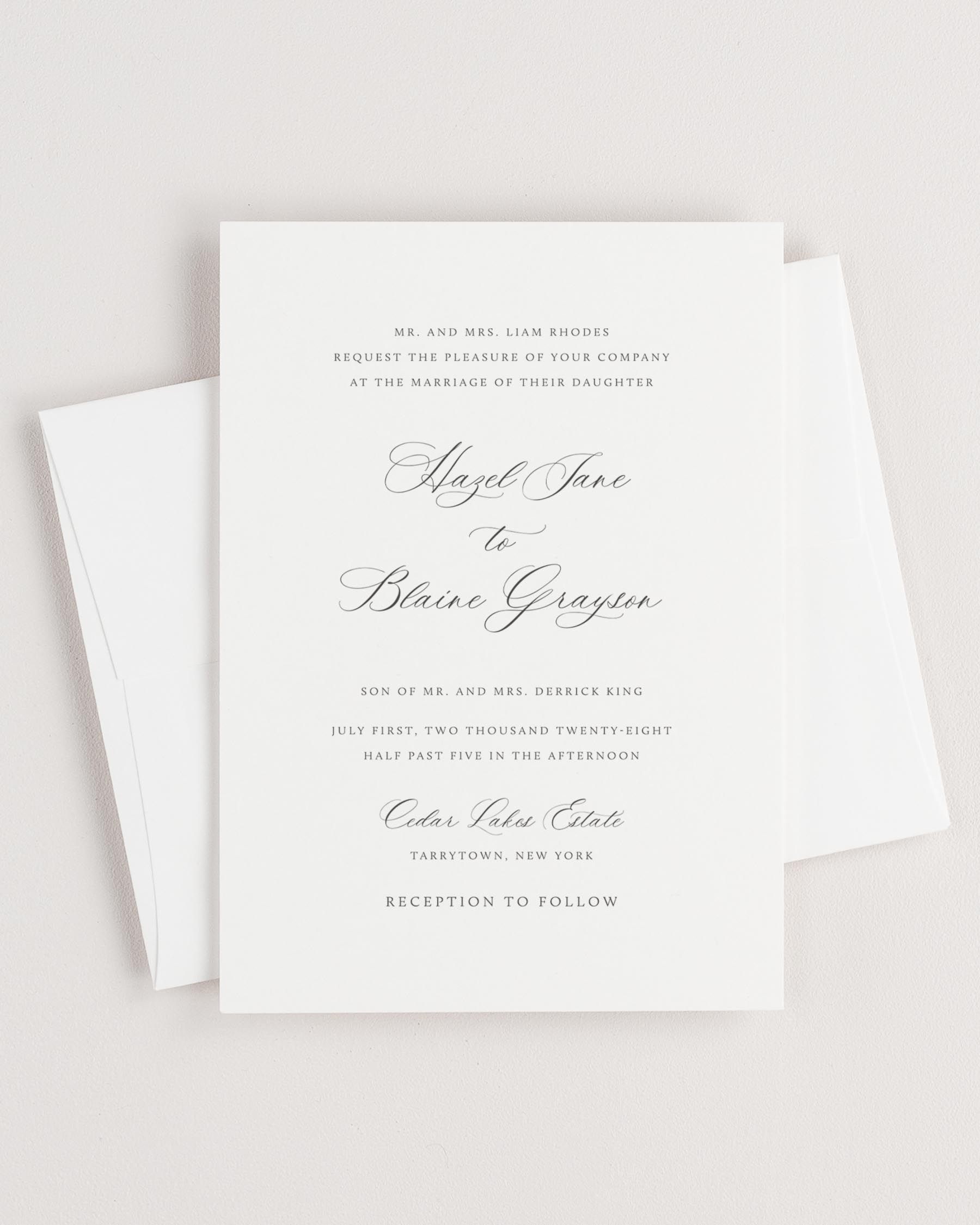 Simple close-up of Hazel invitation with an envelope.