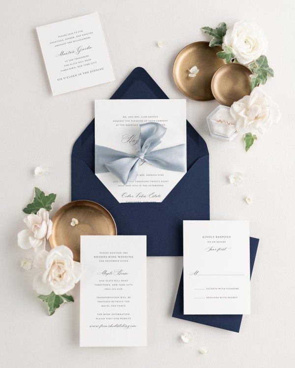 Wedding invitations with silk ribbon and navy blue envelope