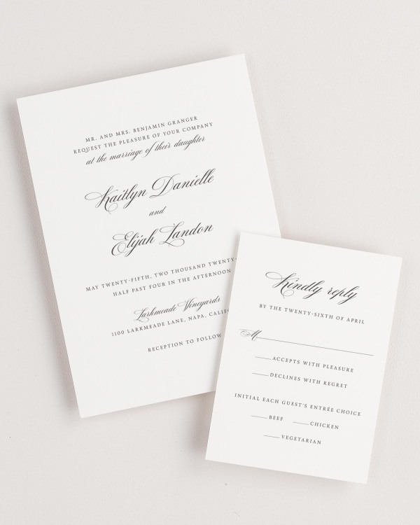 Simple close-up of Kaitlyn invitation and matching response card.