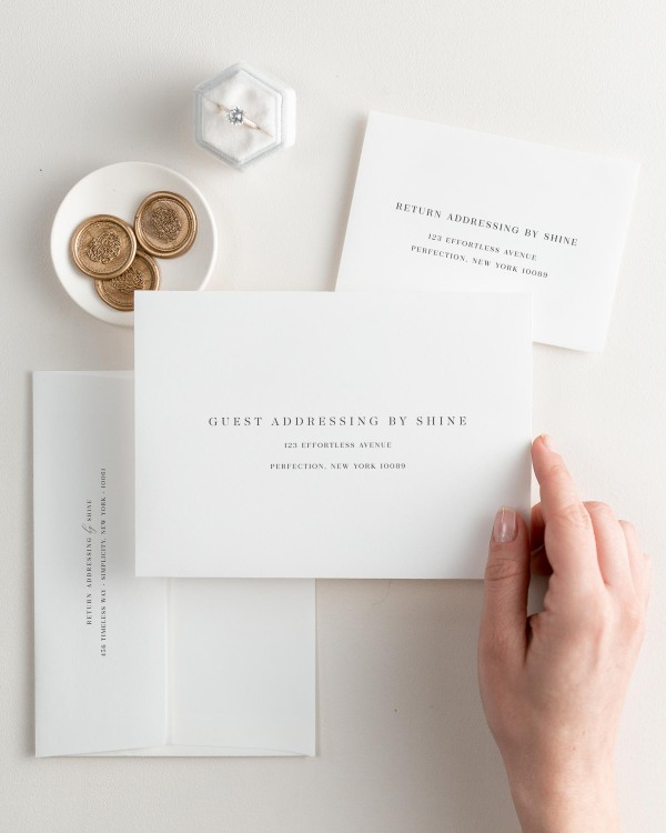 Leighton letterpress wedding invitation envelopes. The response envelope showcases our return addressing service, while the outer envelopes shows both guest and return addressing options.