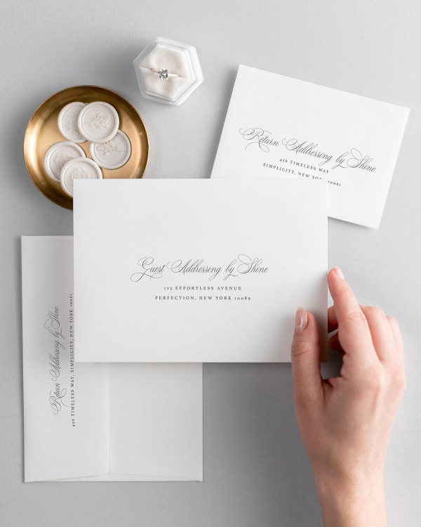Liliana letterpress wedding invitation envelopes. The response envelope showcases our return addressing service, while the outer envelopes shows both guest and return addressing options.