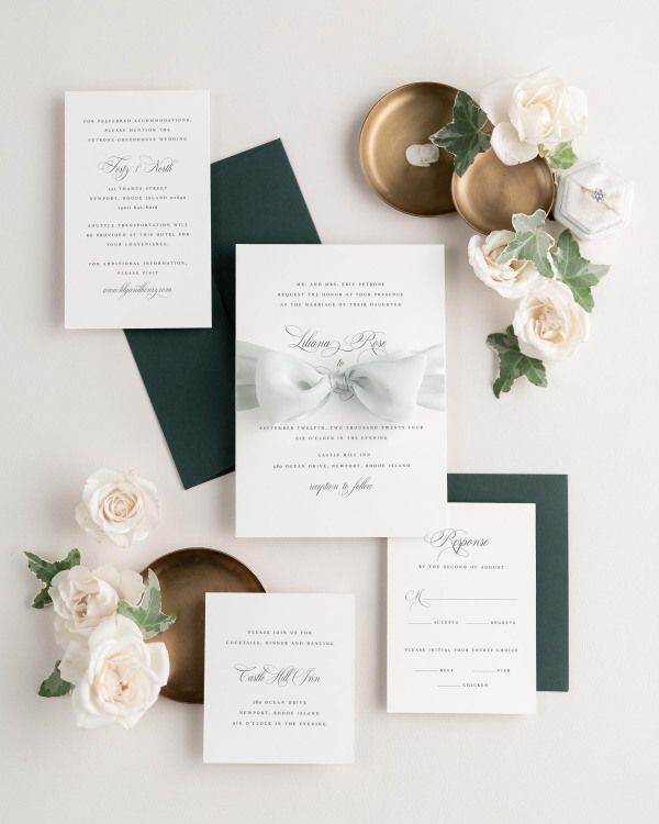 Wedding invitations with silk ribbon and green envelope