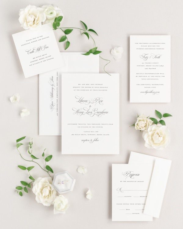Liliana wedding invitations flat lay with matching response and detail cards