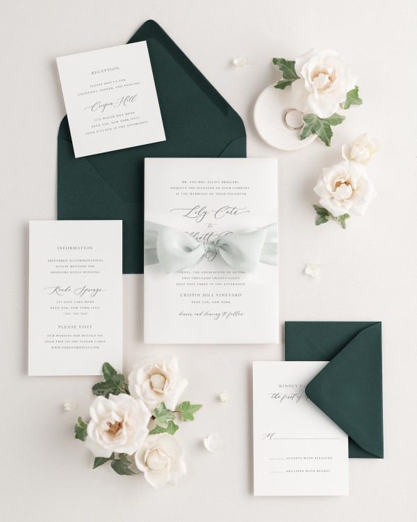 Wedding invitations with silk ribbon and green envelope