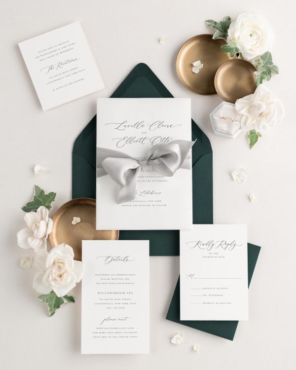 Wedding invitations with silk ribbon and green envelope