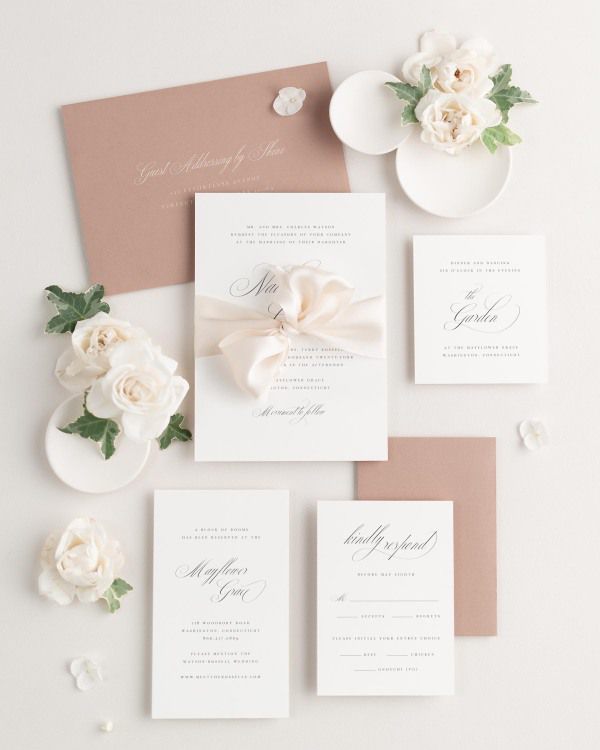 Wedding invitations with silk ribbon and cedarwood envelope