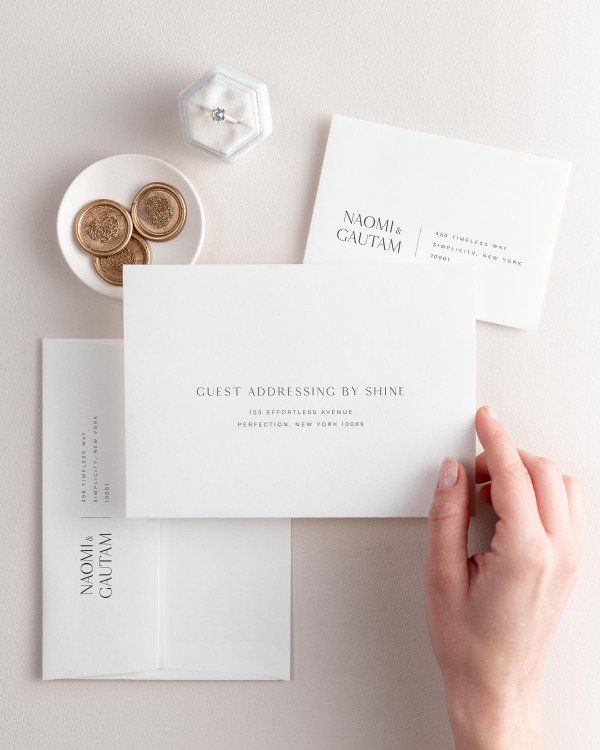 Naomi letterpress wedding invitation envelopes. The response envelope showcases our return addressing service, while the outer envelopes shows both guest and return addressing options.
