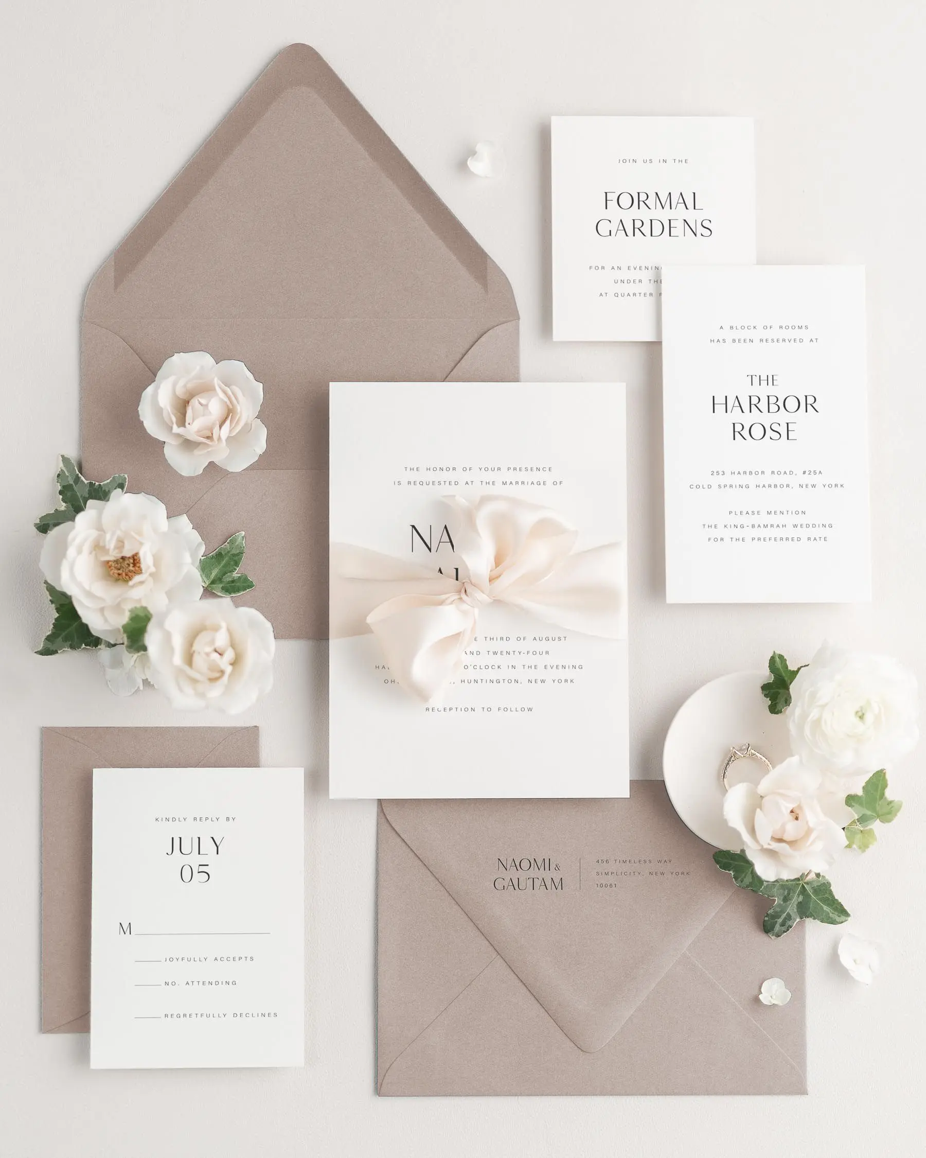 Naomi Wedding Invitation Suite Styled with Fawn envelopes and Pale Pink ribbon