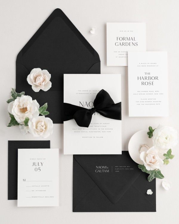 Wedding invitations with silk ribbon and onyx black envelope